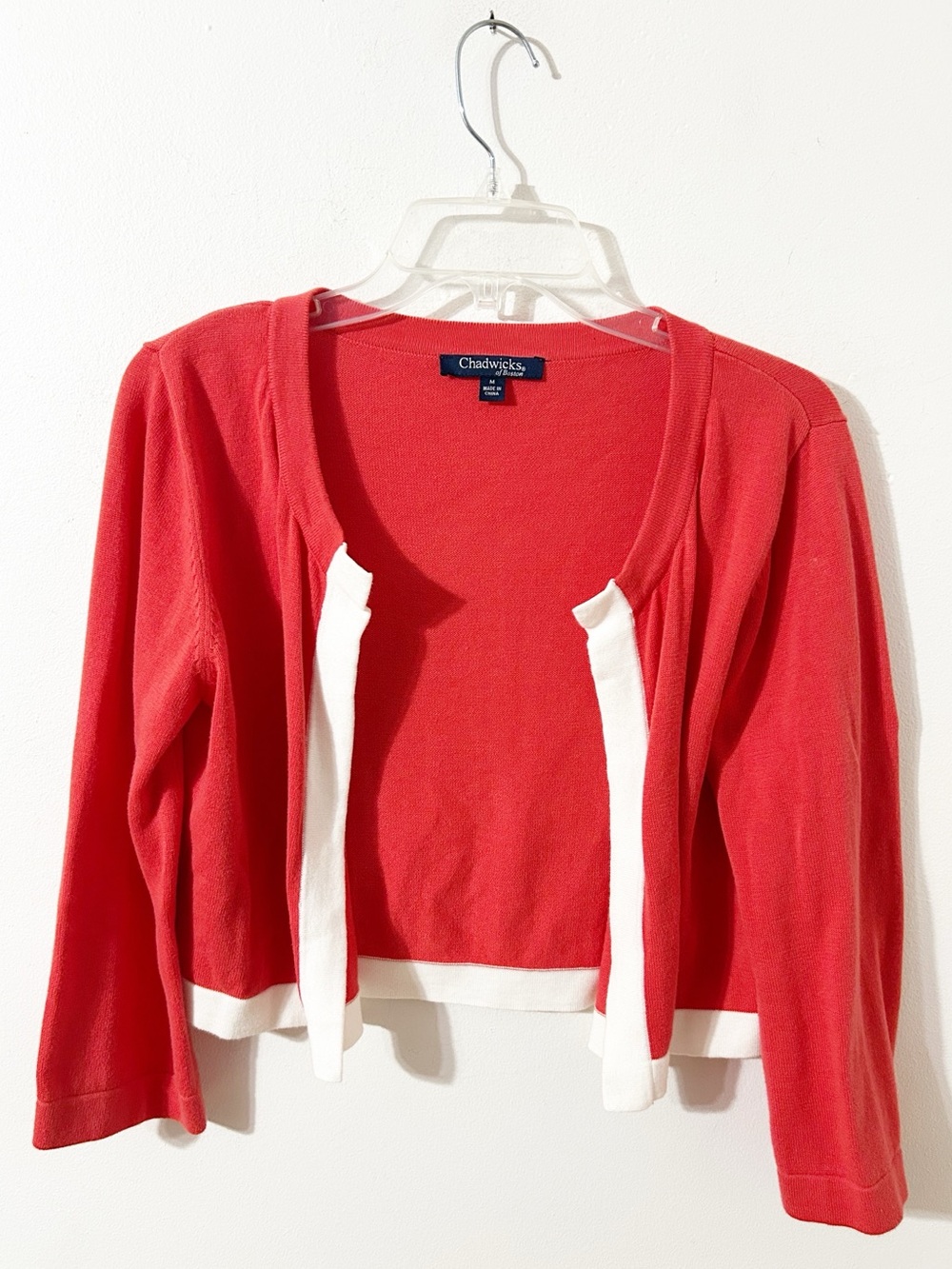 Chadwicks of Boston Women’s Coral Red & White Trim Knit Shrug Cardigan -Size Med